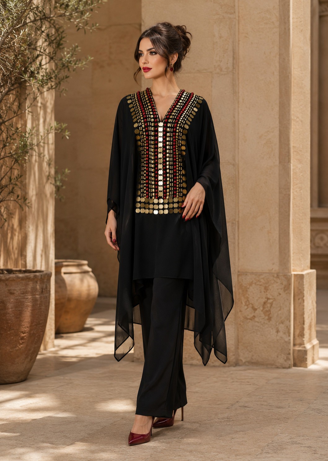 بلوزة شيفون بالأحجار البدوية الحمراء